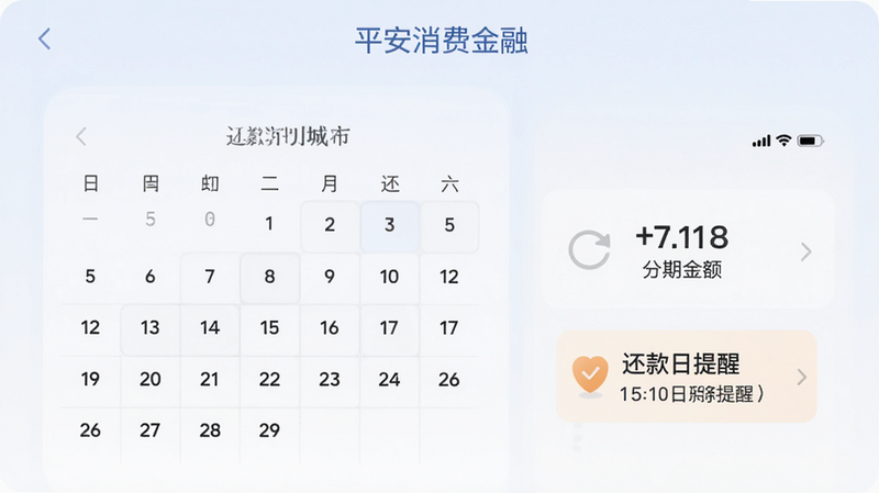 平安消费金融还款计划展示图,包含日历、分期金额、还款日提醒,界面清爽柔和,软件名称出现在顶部