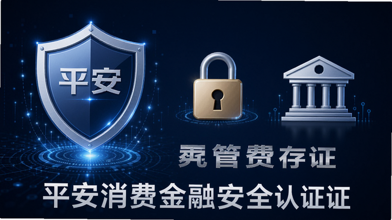 平安消费金融安全认证展示图,包含盾牌图标、加密锁、银行存管元素,背景深蓝色科技感,突出安全可靠,软件名称