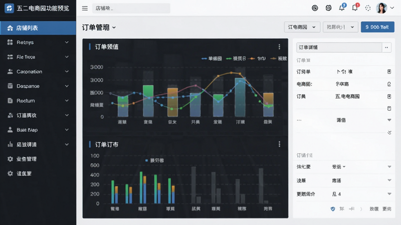 展示五二电商园店铺管理界面的截图,左侧导航栏有店铺列表,右侧展示订单详情,界面清晰,数据可视化,五二电商园功能预览