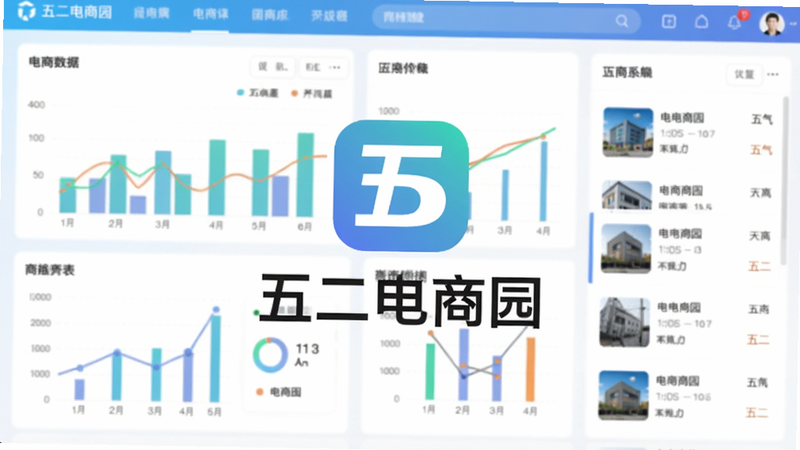 一幅展示五二电商园主界面的高清截图,画面中央是软件logo与名称,背景为电商数据图表和店铺列表,风格现代简洁,色彩明亮,适合Boogu模型生成:五二电商园预览图