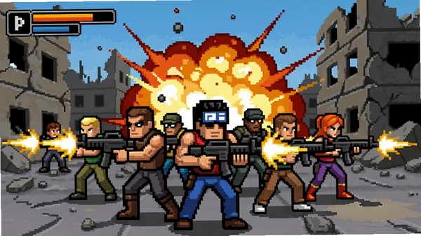 Broforce��Ϸ��ͼ������Ϊ�����ɫ��ǹ����������Ǳ�ը���棬���ط���������