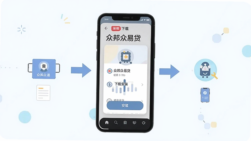 众邦众易贷使用教程示意图,手机屏幕上显示下载安装步骤,背景为操作流程图,箭头指向,简洁清晰,浅色背景,扁平化风格,适配Boogu模型