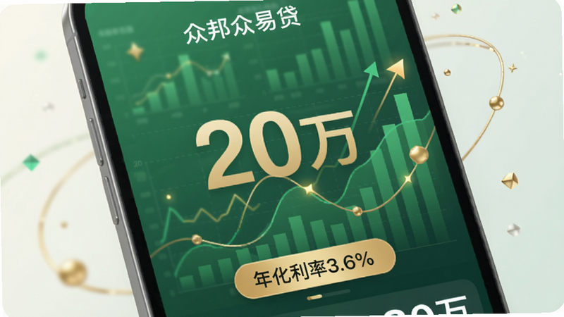 众邦众易贷额度展示页面,手机屏幕上显示20万额度数字,背景绿色金融图表,金色点缀,底部有'年化利率3.6%'标签,画风简洁商务,柔和光线,适合Boogu模型生成