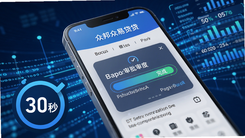 众邦众易贷智能审批界面,手机屏幕上显示审批进度条快速完成,背景动态数据流,蓝色科技光效,画面左下角有'30秒'倒计时图标,明亮色调,3D渲染,适合Boogu模型生成