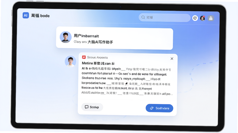 得到大脑AI写作助手的对话界面,用户输入关键词后AI生成了一篇完整的周报草稿,界面采用卡片式设计,背景为柔和的渐变蓝白色