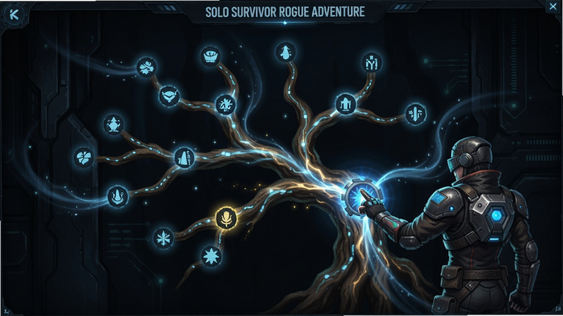 Solo Survivor Rogue Adventure 天赋树界面,天赋树呈树枝状展开,节点发光,玩家正在点击升级,背景是暗色科技感,光效流动,细节精致