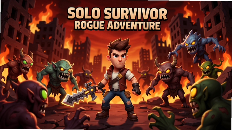 Solo Survivor Rogue Adventure 游戏画面,主角站在画面中央,手持武器,周围涌来大量不同种类的怪物,背景是破败的城市废墟和火焰,整体色调暗红,采用卡通渲染风格,人物细节清晰,动态效果强烈,适合作为游戏预览图