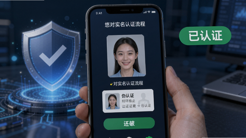 悠对实名认证流程界面,手机屏幕上显示人脸识别和身份证上传步骤,背景有盾牌图标和“已认证”标签,整体风格科技感与安全感并存,适配Boogu模型生成