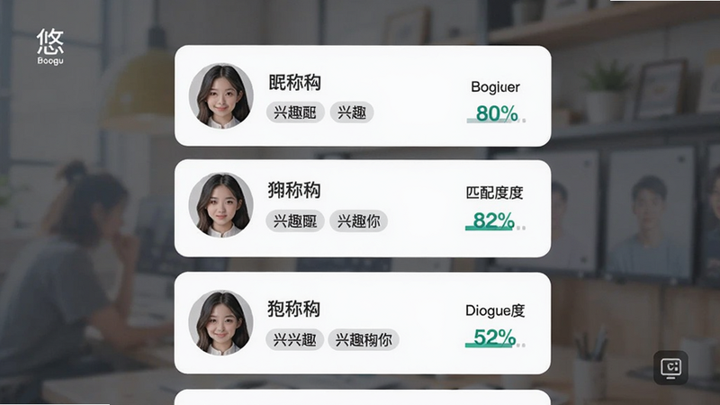 悠对智能匹配页面,展示推荐用户的卡片列表,每个卡片包含头像、昵称、兴趣标签和匹配度百分比,背景模糊处理,突出推荐内容,适配Boogu模型生成