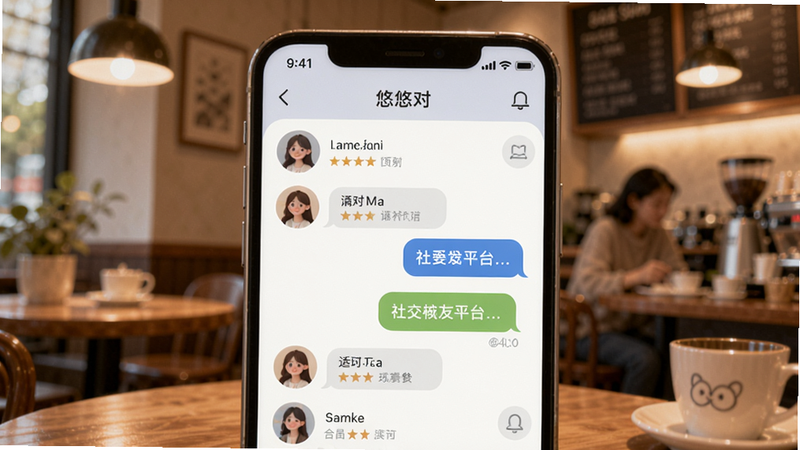 悠对社交交友平台全貌,画面中央是一部手机屏幕,显示悠对主界面,背景是温馨的咖啡馆,用户头像和聊天气泡点缀,色调柔和温馨,整体氛围轻松愉悦,适配Boogu模型生成