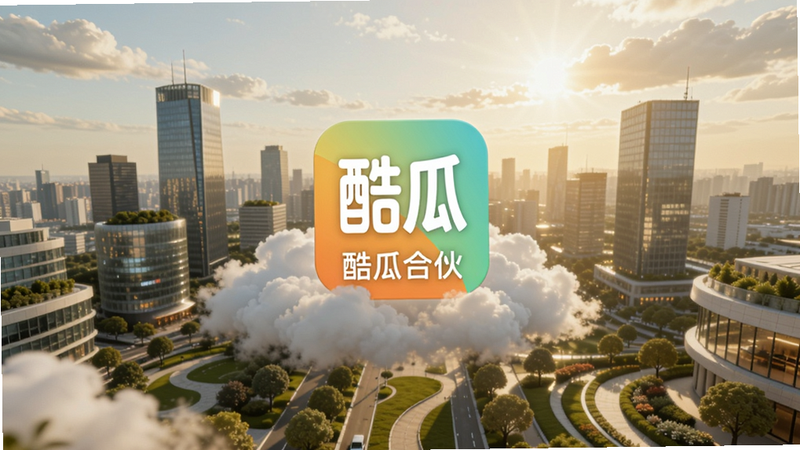 一张宽阔明亮的现代城市俯瞰图,画面中心突出“酷瓜合伙”APP的图标悬浮在云端,背景是错落有致的商务楼宇和绿植,阳光透过云层洒下,整体色调温暖明快,寓意连接与机遇,适配Boogu模型生成。
