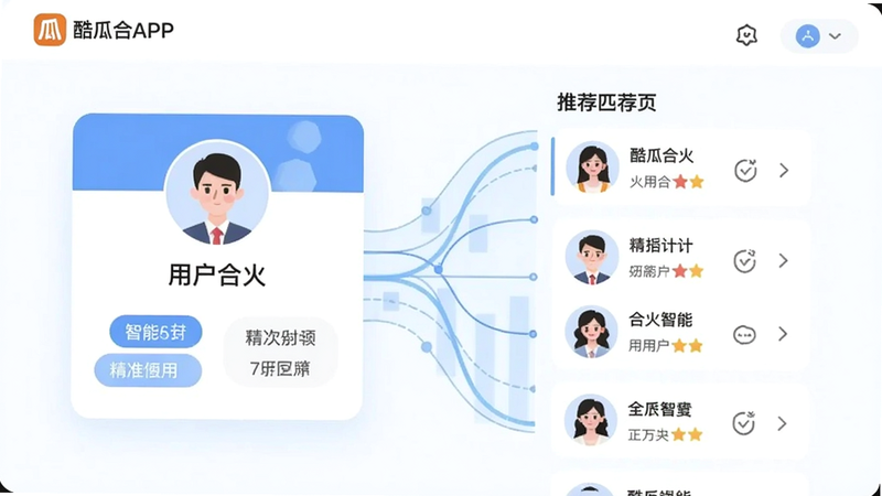一张界面截图风格的插画,展示酷瓜合伙APP的合伙人匹配页面,左侧是用户个人标签卡片,右侧是推荐列表,背景有淡蓝色数据流动线条,突出智能与精准,画面清晰现代,适配Boogu模型生成。