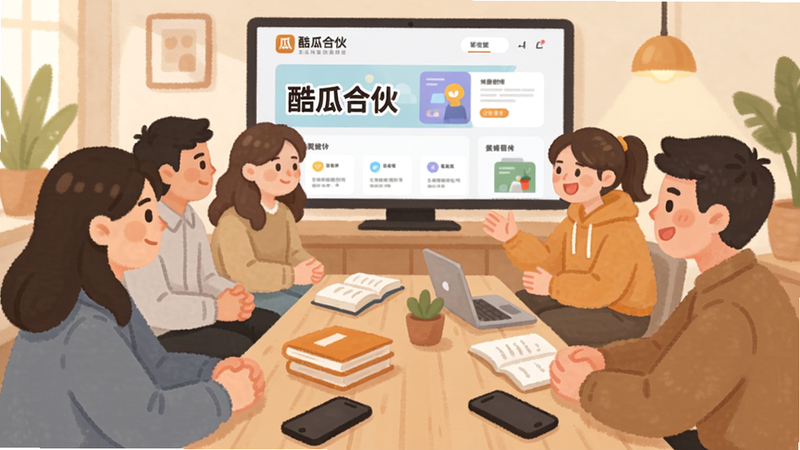 一张温馨的社群聚会场景插图,画面中多人围坐在一起聊天,背景有电子屏幕显示“酷瓜合伙”社区界面,桌上散落着书籍和手机,氛围轻松友好,色彩柔和,突出社交与归属感,适配Boogu模型生成。
