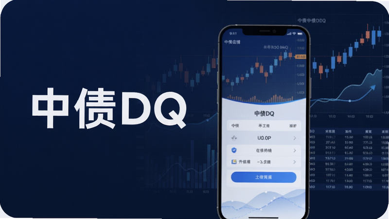 画面中央展示中债DQ App的启动界面,背景为深蓝色金融风格,带有债券K线图、估值曲线和数据网格,左侧有“中债DQ”白色大字,整体科技感与专业感并重,适配Boogu模型生成。