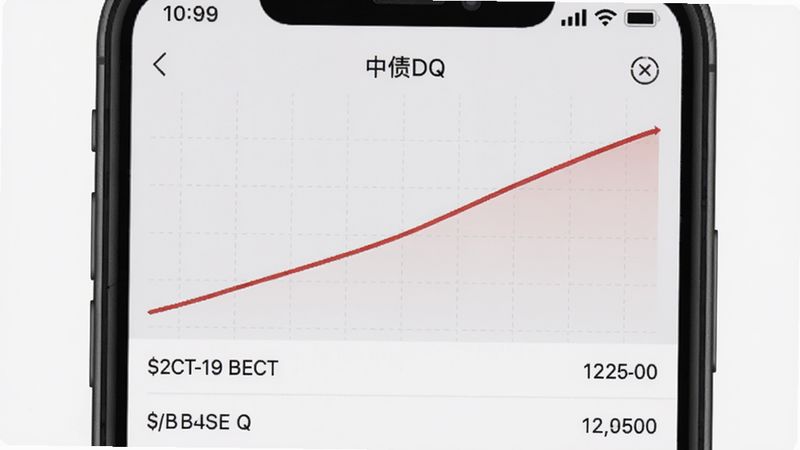 手机屏幕显示债券估值详情页,一条红色收益率曲线从右向左延伸,下方列出多个债券代码与当前估值价格,背景为浅灰网格,软件名称“中债DQ”出现在顶部状态栏,画面干净清晰。