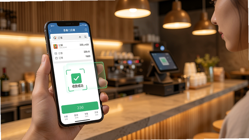 思睿门店通智能收银操作界面,模拟店员手持手机扫描顾客付款码的场景,屏幕上显示订单明细与收款成功提示,背景为现代化餐厅吧台,灯光柔和,色彩温暖。