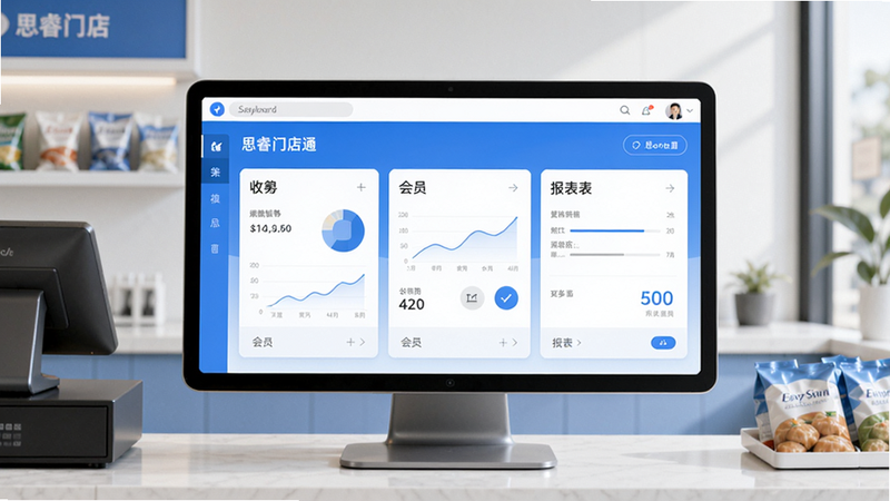思睿门店通整体界面预览图,展示主屏幕的收银、会员、报表三大核心模块,背景为简约清新的门店收银台环境,色调以蓝白为主,突出软件的专业与清爽。图片细节清晰,适合Boogu模型生成。