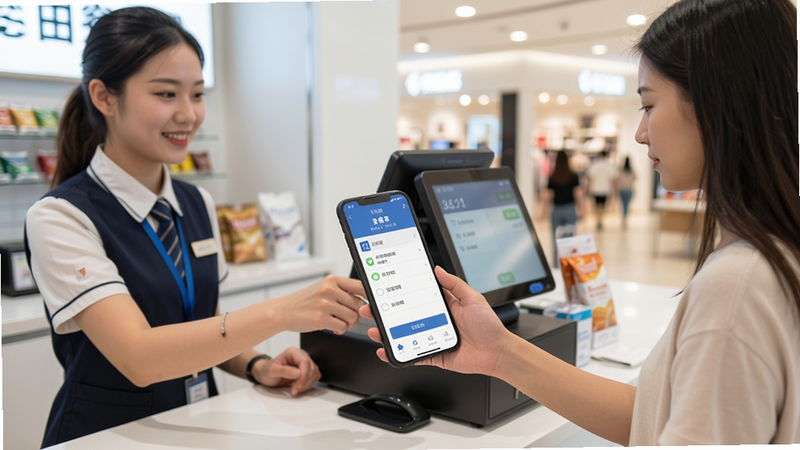 展示思睿门店通在手机上运行的实际场景,店员正在用手机为顾客结账,界面清晰,背景为商场收银台,色彩自然,光线充足。