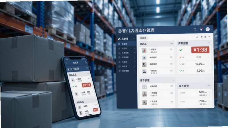 思睿门店通库存管理界面,显示商品列表与库存预警数字,背景为仓库货架,手机放在货物旁边,凸显实用场景。图片色调偏冷,突出专业感。