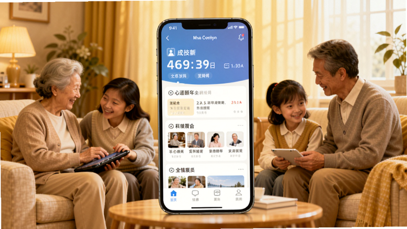 成都心道颐年全貌展示,画面中央是一部手机屏幕显示应用主界面,背景为温馨的居家养老场景,有老人与子女互动,色调暖黄,强调亲情关怀与科技融合,整体风格温暖明亮。