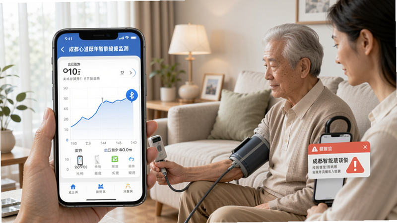 成都心道颐年智能健康监测界面,手机屏幕上显示血压趋势折线图,旁边有蓝牙设备连接图标,背景为家庭客厅,老人正在测量血压,子女手机收到预警通知,画面清晰明亮。