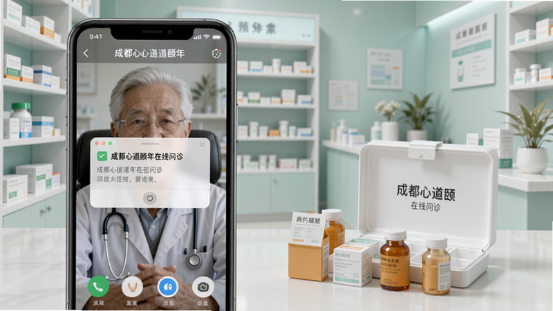 成都心道颐年在线问诊界面,医生与老人视频通话,手机桌面显示用药提醒弹窗,药盒排列整齐,背景为干净的药房环境,色彩柔和。