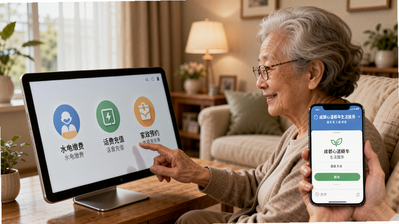 成都心道颐年生活服务页面,展示水电缴费、话费充值、家政预约等大图标,背景为温馨的居家环境,老人轻松点击屏幕,子女手机弹出支付确认通知。