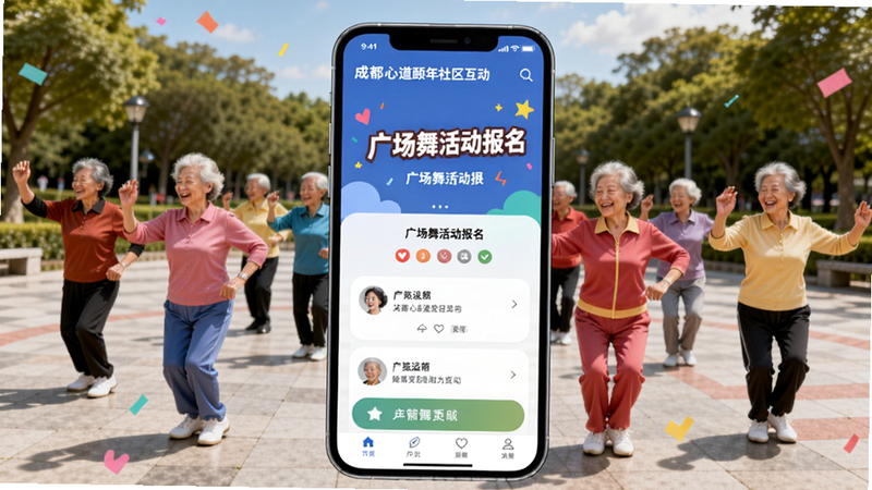 成都心道颐年社区互动界面,手机屏幕显示广场舞活动报名页面,背景为公园广场,老人们一起跳舞,色彩鲜艳活泼。