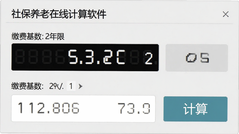 社保养老在线计算软件内输入缴费基数和年限的模拟界面,数字显示清晰,旁边有计算按钮,背景为浅灰色,突出数据展示