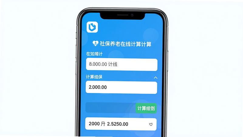 社保养老在线计算的主界面截图,展示输入框和计算结果,背景为简洁的蓝色渐变,手机屏幕居中显示,左上角有软件logo,整体风格清新明快