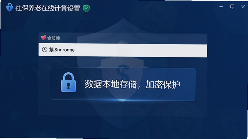 社保养老在线计算设置界面,显示“数据本地存储,加密保护”字样,旁边有锁形图标,背景为深蓝色,突出安全主题