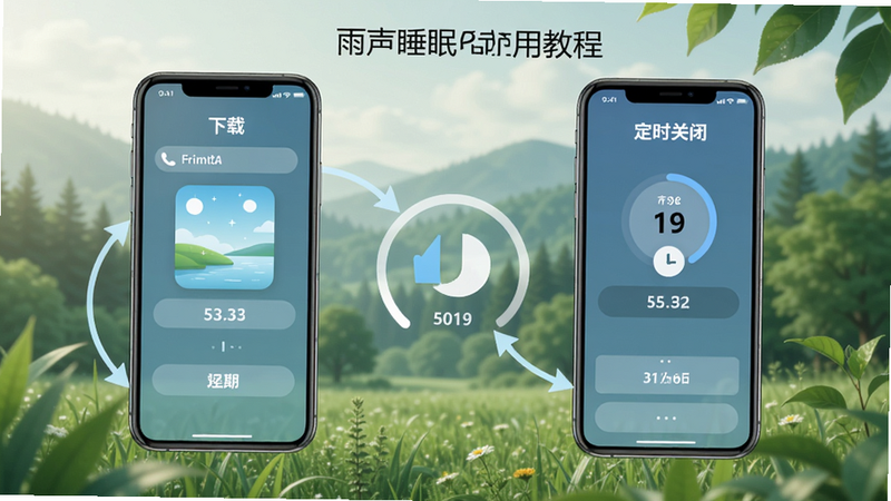 雨声睡眠app使用教程步骤截图,展示从下载到设置定时关闭的流程,有箭头标注,背景清新自然