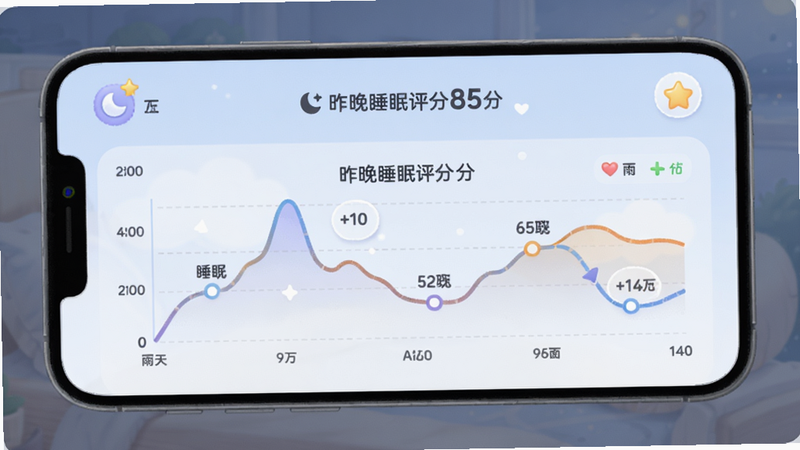 雨声睡眠app睡眠报告页面,图表显示睡眠曲线,中间有“昨晚睡眠评分85分”,背景淡蓝色,温馨卡通风格,适合手机竖屏