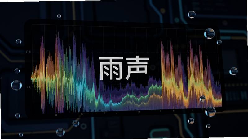 雨声睡眠app音频波形界面,彩色声谱图,中间显示“雨声”字样,周围有动态水滴效果,背景暗色调,科技感,高分辨率渲染