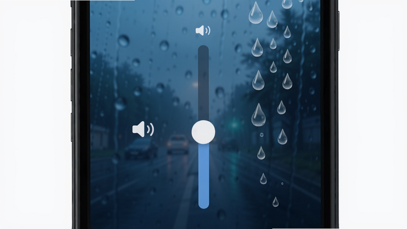 雨声睡眠app界面预览图,手机上显示主屏幕,背景是朦胧雨景,画面中央有音量控制滑块,旁边有雨滴动画,整体色调深蓝柔和,突出静谧氛围,4K画质,写实风格