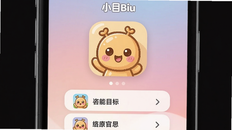 小目Biu 应用主界面,手机屏幕中央显示一个可爱的Biu图标和用户的目标列表,背景采用渐变柔和色调,整体风格清新可爱,适配Boogu模型生成