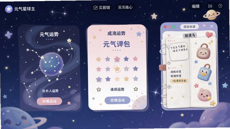 元气星球主界面预览图,展示星座运势卡片与手帐编辑面板,背景为深蓝色星空,主体居中,整体色调柔和治愈,细节清晰,适配Boogu模型生成