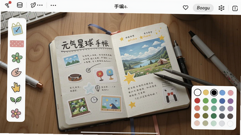 元气星球手帐编辑界面,中央展示一张正在编辑的旅行手帐,周围有贴纸工具栏和颜色选择器,背景为木质桌面,光线自然,适配Boogu模型生成