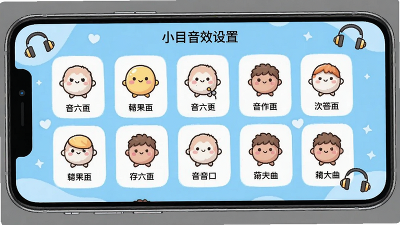 小目Biu 音效设置界面,手机屏幕展示音效选择列表,包含多种可爱图标和名称,背景为浅蓝色调,耳机符号点缀,整体轻松有趣