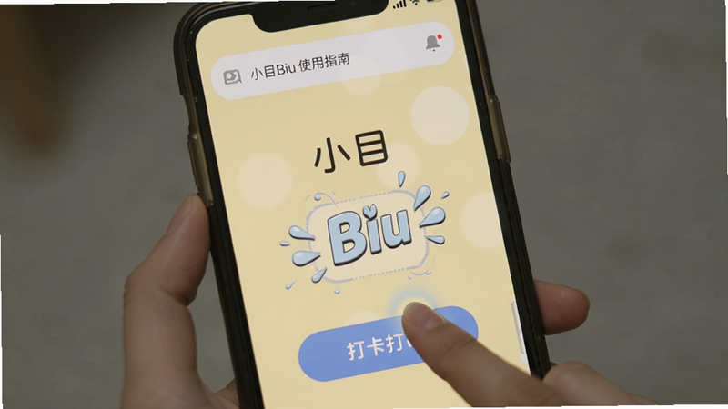 小目Biu 使用指南操作演示,手机屏幕上显示一个用户正在点击打卡按钮,带有Biu动画效果,背景为柔和浅黄色,上方有通知栏图标,整体突出操作步骤