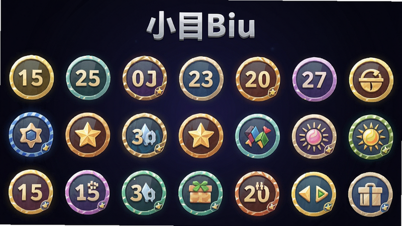 小目Biu 成就徽章墙,展示一系列色彩鲜艳的圆形徽章,每个徽章带有数字和图案,背景为深色渐变,凸显徽章的发光效果,风格类似游戏成就界面