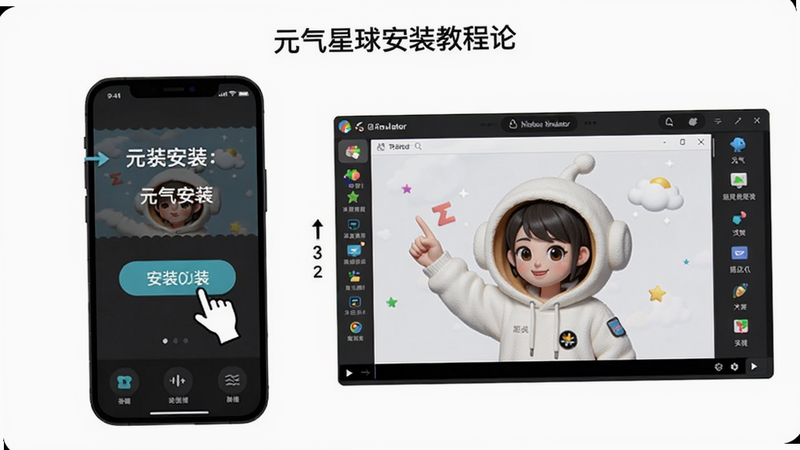 元气星球安装教程示意图,展示手机上点击安装按钮的画面,以及模拟器界面,标注关键步骤,画面简洁,适配Boogu模型生成