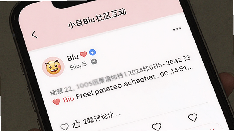 小目Biu 社区互动界面,手机屏幕上显示用户发布的打卡动态,带有Biu表情和点赞评论,背景为淡粉色,整体社交氛围浓厚