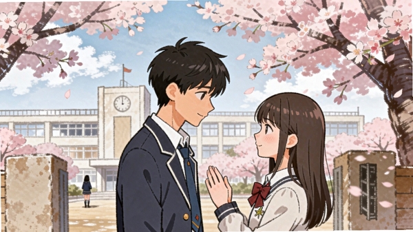 恋爱模拟器:告白篇,校园场景,男生女生樱花树下告白,手绘风格,画面主体居中,背景教学楼和樱花树