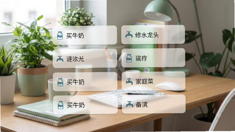 设计家庭生活(辅助菜单)备忘录界面,半透明卡片式布局,显示多条家庭备忘条目,如“买牛奶”、“修水龙头”,背景为客厅书桌,有绿植点缀,色调清爽