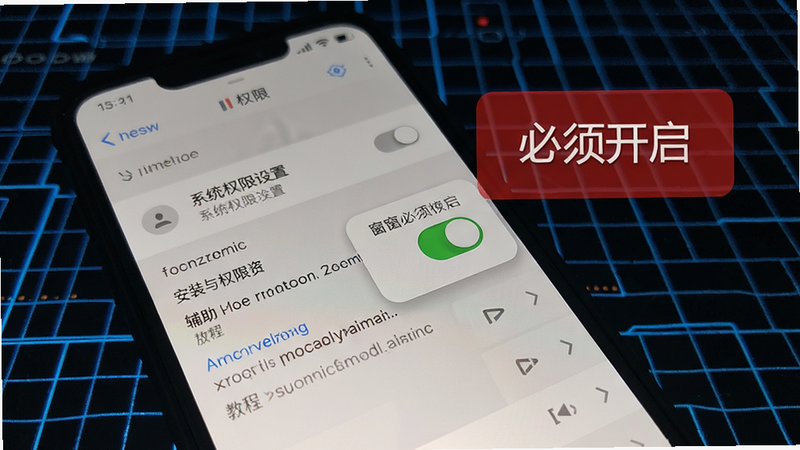 设计家庭生活(辅助菜单)安装与权限设置教程,手机屏幕显示系统权限设置界面,悬浮窗权限开关开启,周围有红色警告框提示“必须开启”,背景为技术感的网格桌面,光线集中