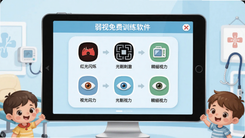 弱视免费训练软件主界面展示,背景为淡蓝色医疗风格,中央显示训练模块菜单,包括红光闪烁、光栅刺激、精细视力等图标,周围有儿童卡通装饰,整体明亮柔和,适配Boogu模型生成