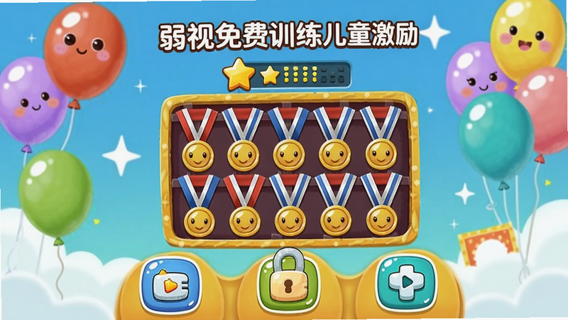 弱视免费训练儿童激励界面,屏幕中央有勋章墙和星星计数,底部有解锁的游戏图标,背景为彩色气球,画面活泼可爱