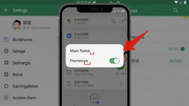 弱视免费训练软件安装权限设置示意图,手机屏幕显示悬浮窗权限开关,红色箭头标注关键位置,背景为系统设置界面,风格简洁明了