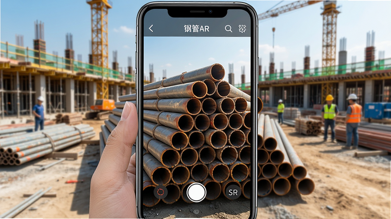 数钢管AR app界面截图,手机屏幕显示钢管堆叠拍照计数,背景为建筑工地,高精度识别钢管数量,画面清晰,色彩明亮